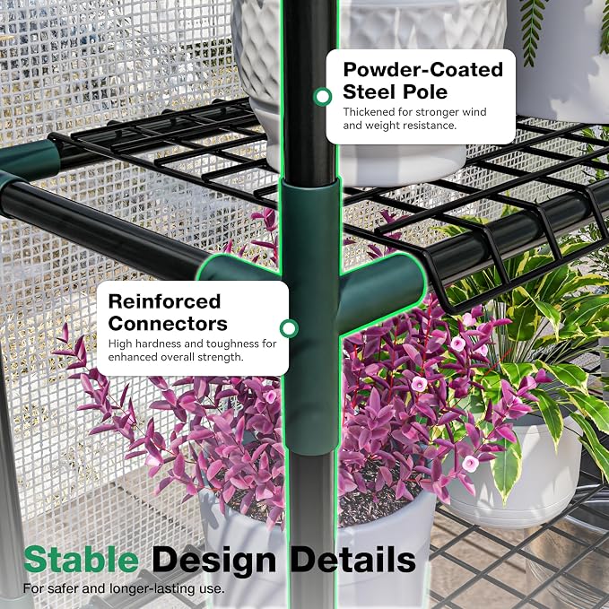 Joyside Outdoor Plant Shelves, 4 Tier 2 Pack Metal Stable Greenhouse Shelving - Image 7
