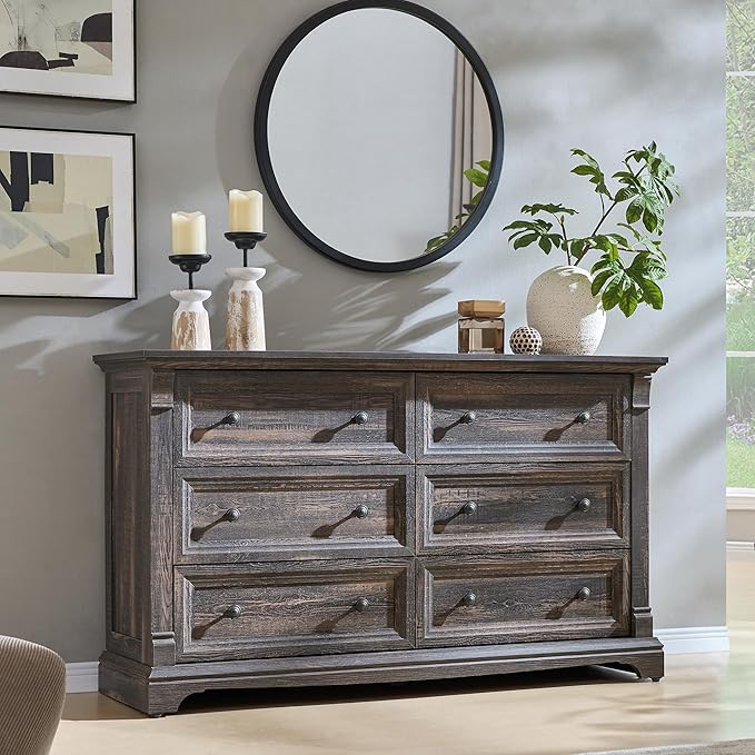 Farmhouse 6 Drawers Dresser for Bedroom, Wooden Dresser TV Stand by T4TREAMFurniture