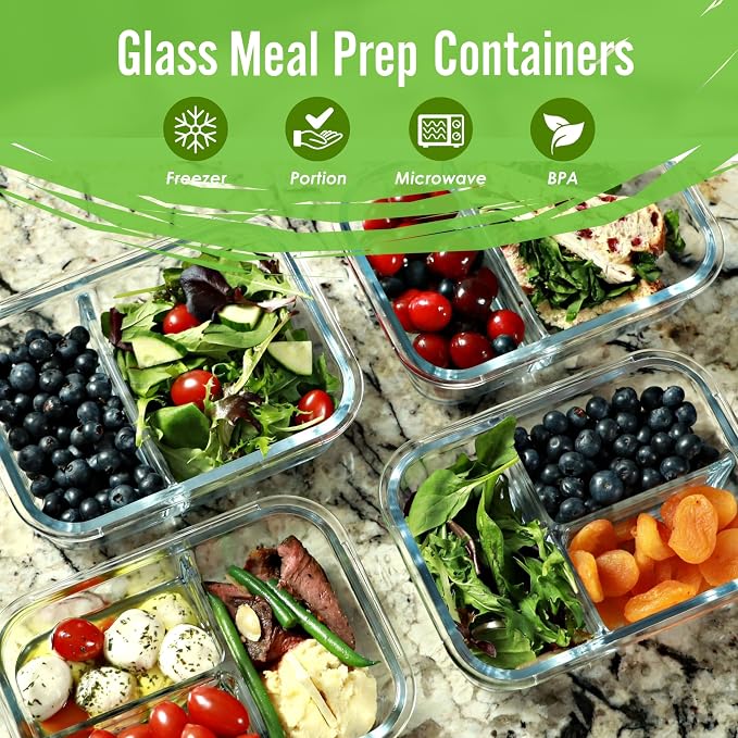 FIT Strong & Healthy Glass Meal Prep Containers, 2 & 3 Compartments – 32 oz - Image 2