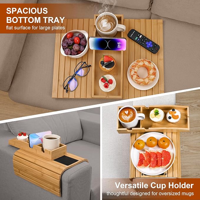 Joy&Grace Couch Cup Holder, 3-in-1 Magnetic Detachable Couch Arm Tray, Bamboo - Image 3