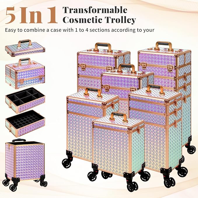 AROUS 5 in 1 Rolling Makeup Train Case Cosmetology Case on Wheels Large - Image 3
