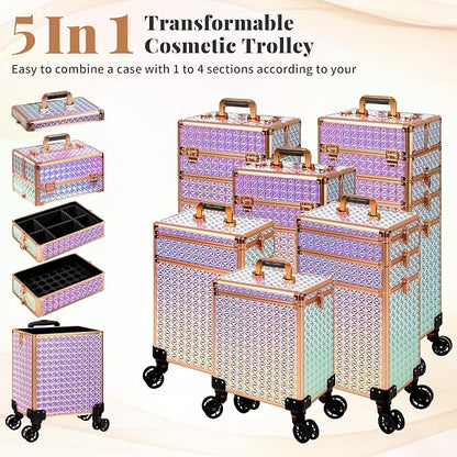 AROUS 5 in 1 Rolling Makeup Train Case Cosmetology Case on Wheels Large - Image 3