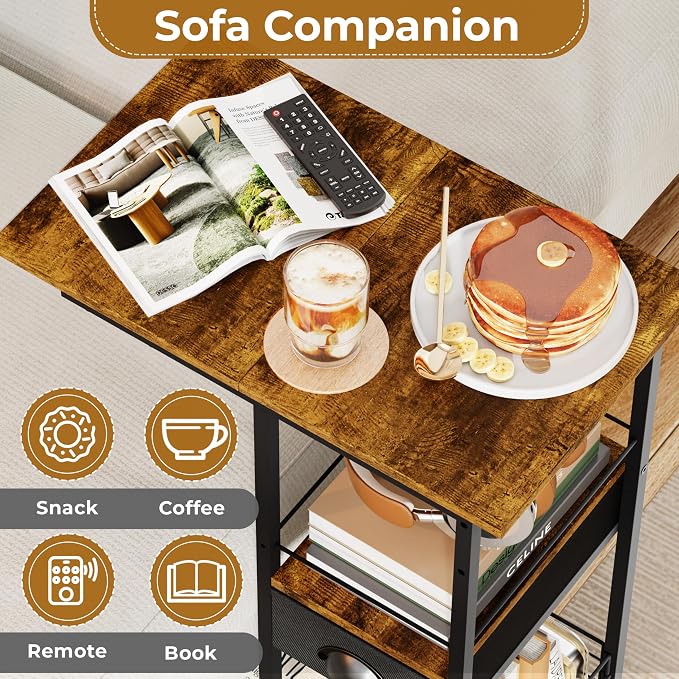 C Shaped Sofa Side Table with Wheels, Rolling Small Coffee Table with Drawer - Image 4