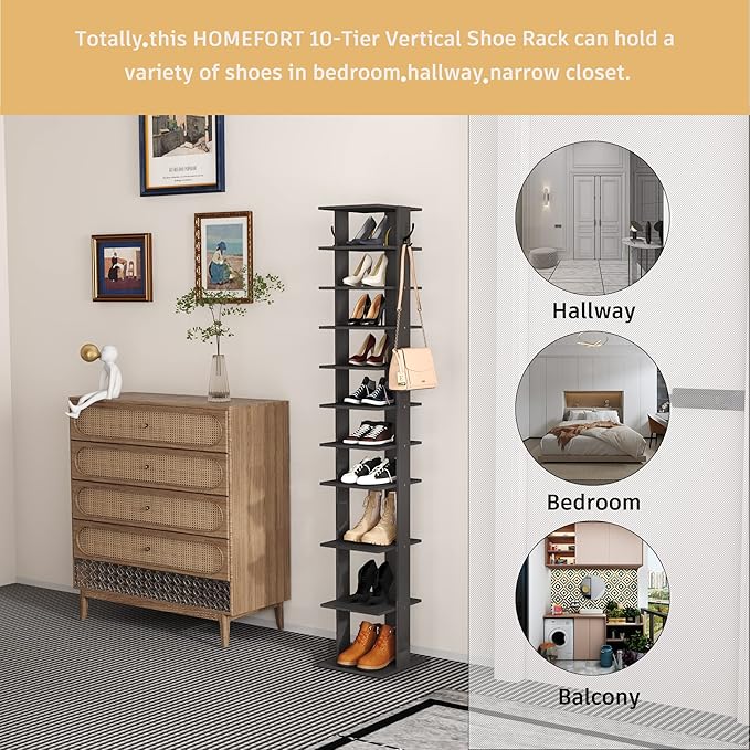 HOMEFORT 10-Tier Vertical Shoe Rack, Corner Shoe Tower, Slim Shoe Organizer - Image 6