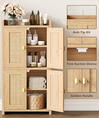 Akxomel 15" Rattan Small Bathroom Cabinet 4 Doors Adjustable Shelf Oak | - Image 5