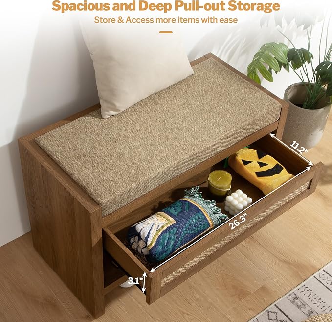 SICOTAS Rattan Shoe Bench Entryway Bench - Image 4