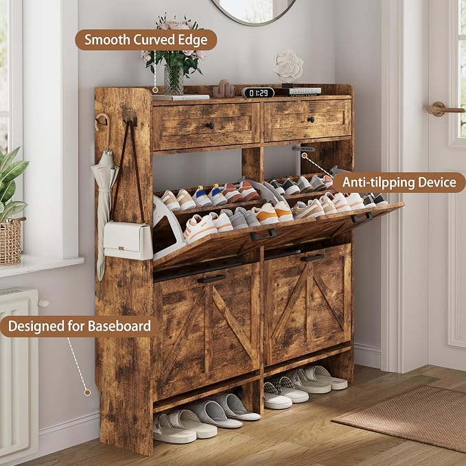 Shoe Cabinet with 4 Flip Drawers & 2 Top Drawers, Hidden Slim Shoe Rack - Image 5