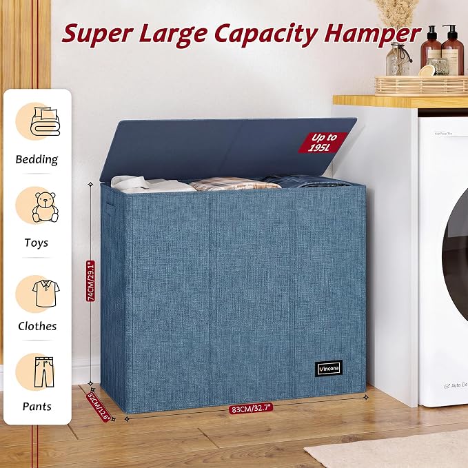 195L Laundry Hamper 3 Section, Large Laundry Hamper - Image 2