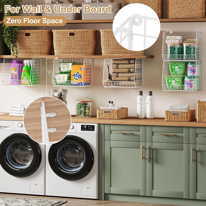 3 Pack Screw Mount Under The Wooden Shelf Laundry Room Organizer: Foldable Wire - Image 4