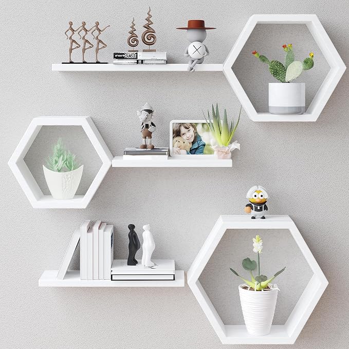 Wooden Hexagon Floating Shelves Wall Mounted by LUDORU