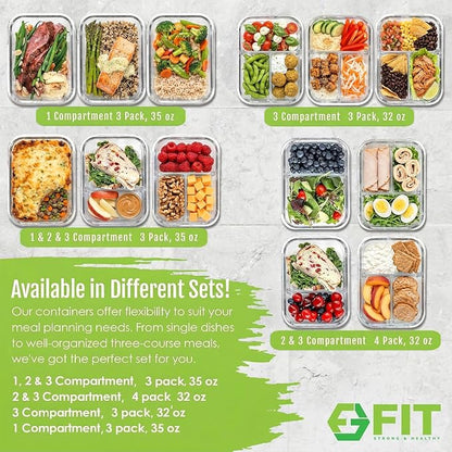 FIT Strong & Healthy Glass Meal Prep Containers, 2 & 3 Compartments - Image 7