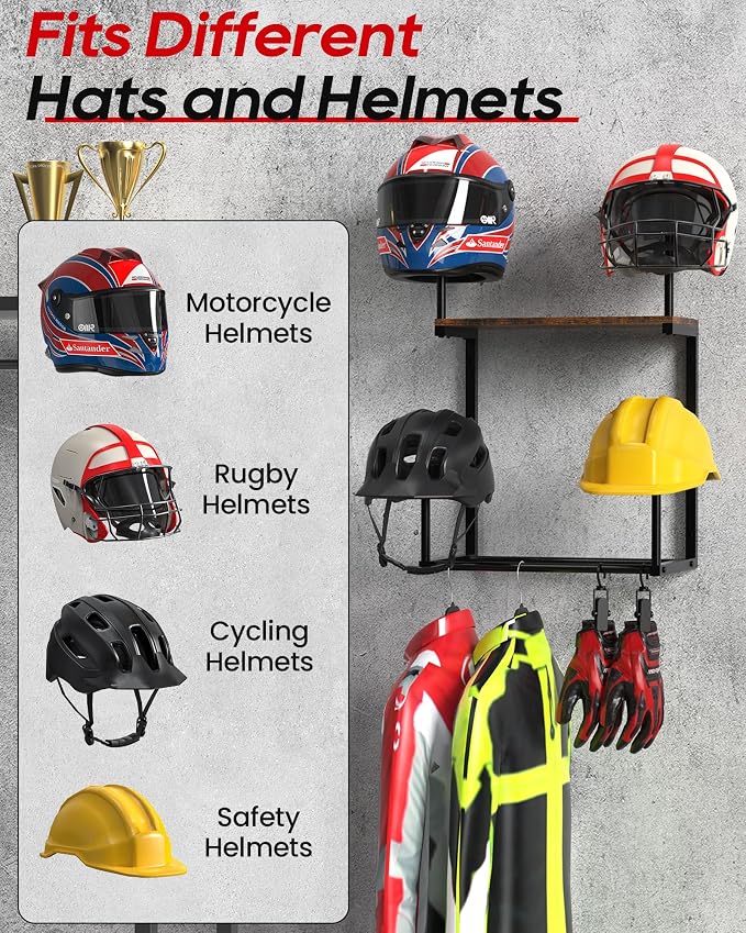 Motorcycle Helmet Holder Wall Mount, Solid Wood and Metal Helmet Rac, - Image 2