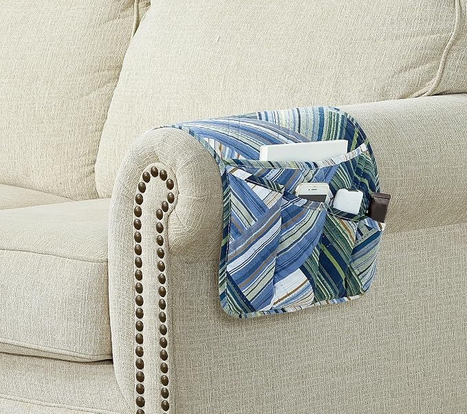 Brilliant Sunshine Teal Herringbone Patchwork Couch Armrest 5 Pockets Organizer - Image 2
