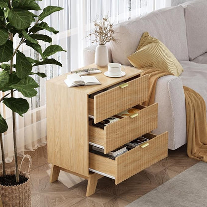 Natural Oak Night Stand with 3 Drawers, Bedside Table & End Table, Farmhouse - Image 3