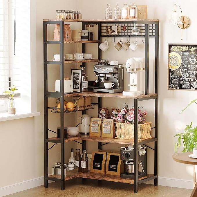 IRONCK Bakers Rack with Power Outlet, 5-Tier Corner Microwave Stand with Storage - Image 2