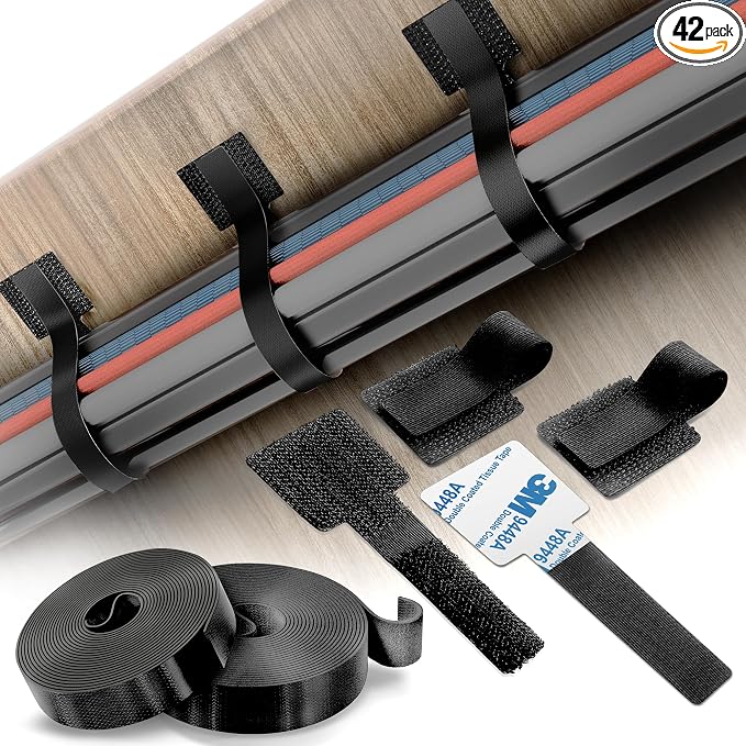 Cable Management Kit – 40 Self-Adhesive Hook and Loop Ties by Tapsi