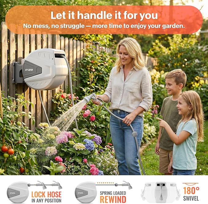Ayleid Retractable Rubber Hybrid Garden Hose Reel, 1/2"x130ft Wall Mount | - Image 3