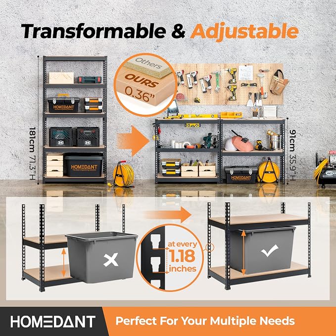 HOMEDANT 5 Tier Storage Shelves Adjustable Laminated Boltless Garage Metal - Image 2