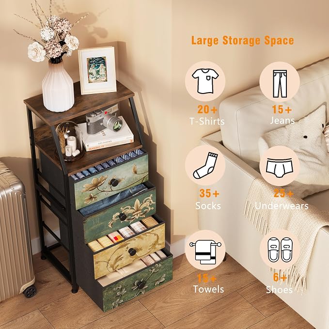 Tohomeor Dresser with Fabric Drawers Nightstand with 2 Tier Shelf Storage Tower - Image 4