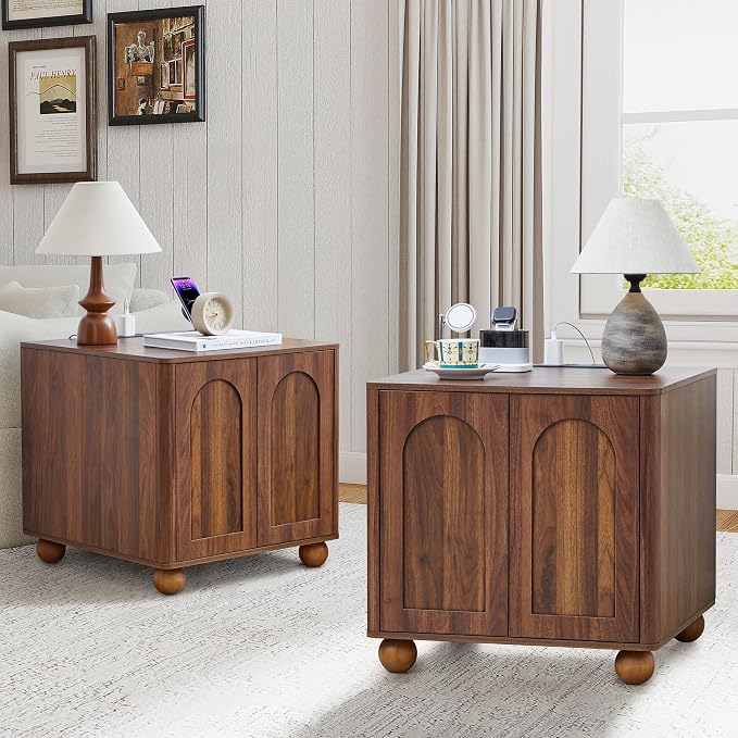 Bed Side Table Set of 2 with Charging Station, Mid Century Modern Nightstand by affeivul