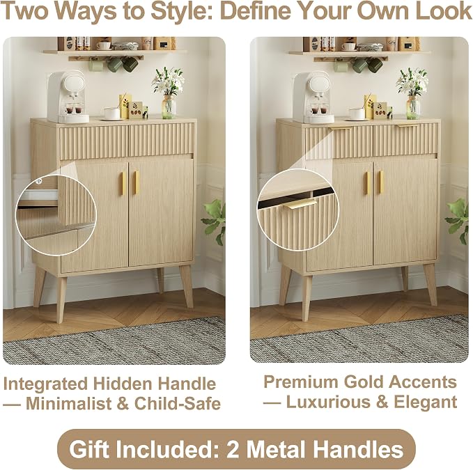 Sideboard Storage Cabinet with 2 Drawers & 2 Doors, Fluted Kitchen Buffet - Image 7