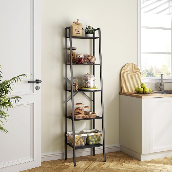 Hoctieon 5-Tier Industrial Ladder Bookshelf, Narrow Ladder Shelf, Tall Standing - Image 5