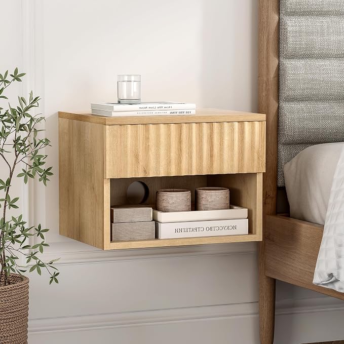 Floating Nightstand with Drawer and Open Shelf, Small Wall Mounted Bedside End by MoomJiee
