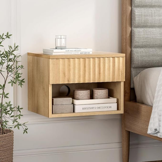 Floating Nightstand with Drawer and Open Shelf, Small Wall Mounted Bedside End by MoomJiee