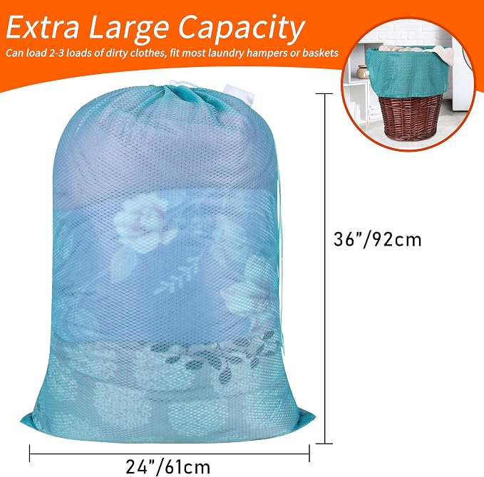 Polecasa Heavy Duty Diamond Mesh Laundry Bag, Aqua | Drawstring & ID Tag - Image 3