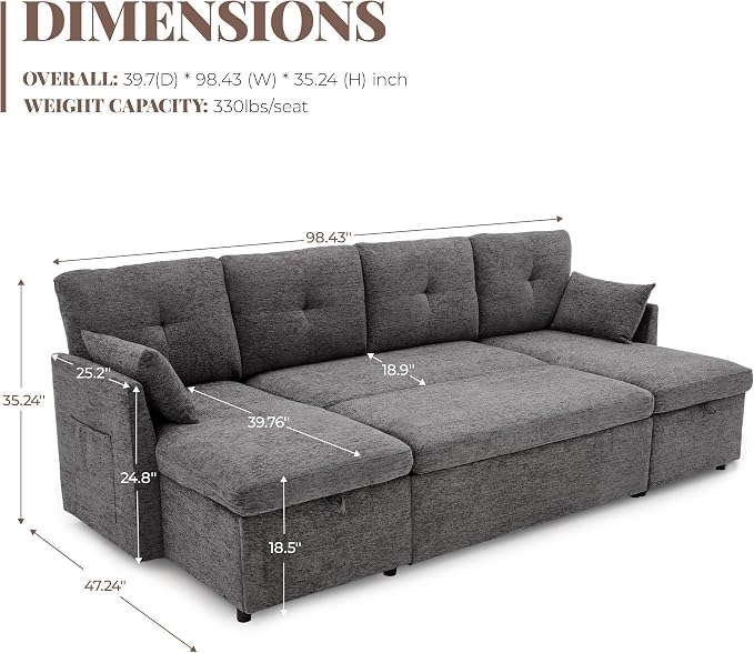 Huatean Home 100" Oversized Sleeper Sofa Couch, 2 in 1 Pullout Couch Bed - Image 3