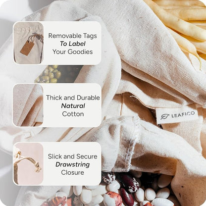 LEAFICO Cotton Storage Bags – X-Large 14x17 Inch – Reusable Muslin Bags - Image 4