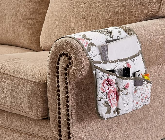 Brilliant Sunshine Rose and Toile Patchwork Couch Armrest 5 Pockets Organizer - Image 7