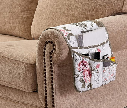 Brilliant Sunshine Rose and Toile Patchwork Couch Armrest 5 Pockets Organizer - Image 7