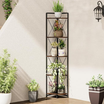 5 Tier Corner Shelf Stand, Rustic Brown | Industrial Metal Corner Shelf - Image 3