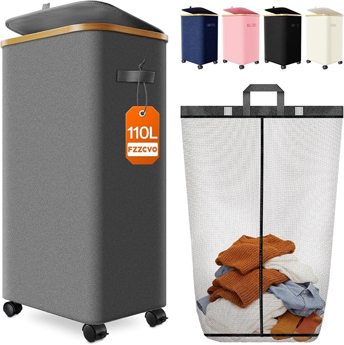 Laundry Hamper with Wheels, 110L Large Clothes Hamper with Removable Inner Bag by Fzzcvo
