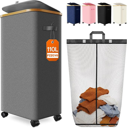 Laundry Hamper with Wheels, 110L Large Clothes Hamper with Removable Inner Bag by Fzzcvo