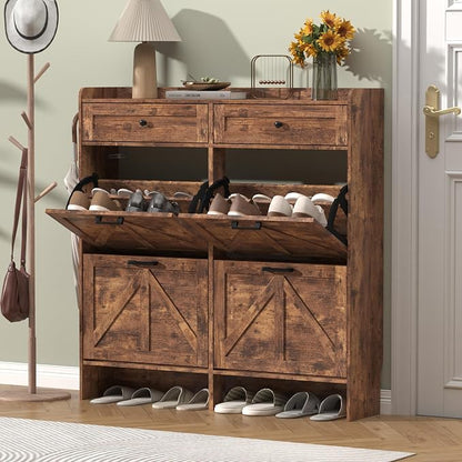 Thacuok Shoe Cabinet with 4 Flip Drawers & 2 Storage Drawers, Rustic Farmhouse - Image 3