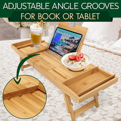 SereneLife Bath Caddy Breakfast Tray Combo, Natural Bamboo Wood Waterproof - Image 6