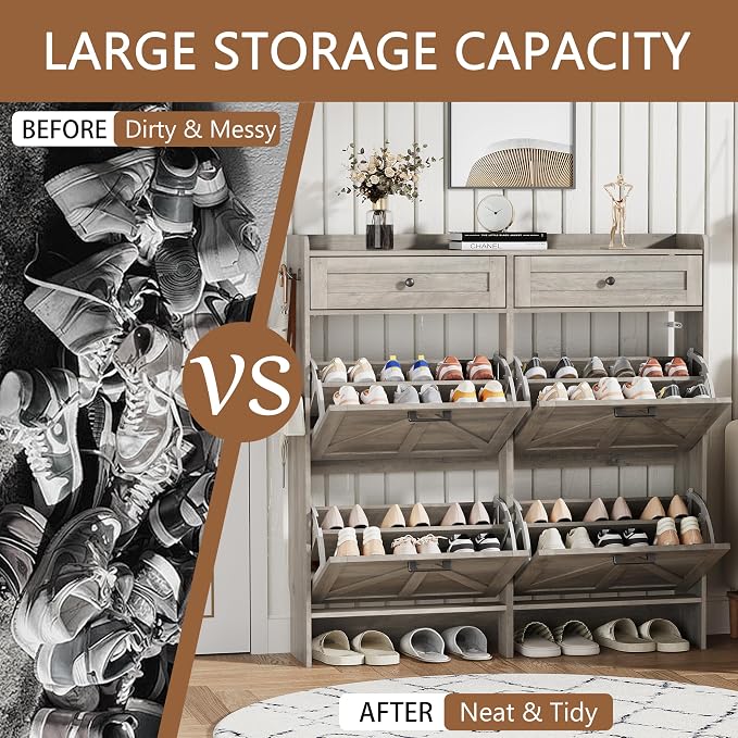 Shoe Cabinet with 4 Flip Drawers & 2 Top Drawers, Hidden Slim Shoe Rack - Image 7