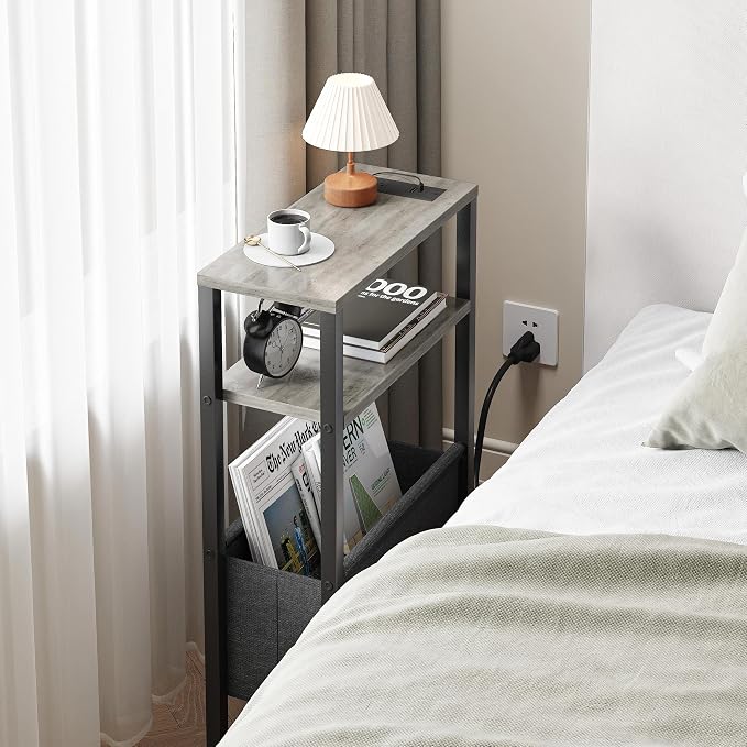 Narrow Side Table with Charging Station Slim End Table Sofa with Magazine Rack - Image 5