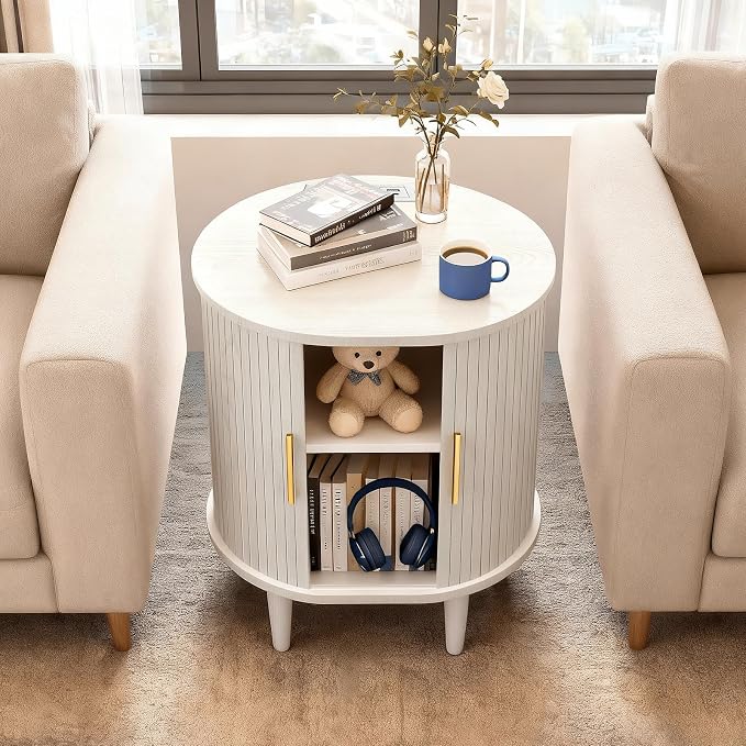 Nightstand with Charging Station, Fluted Accent Side Table with Sliding Door & - Image 4