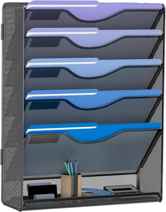 6 Tier Hanging File Organizer, Mesh Wall File Holder Paper Folder Rack by Gawerk