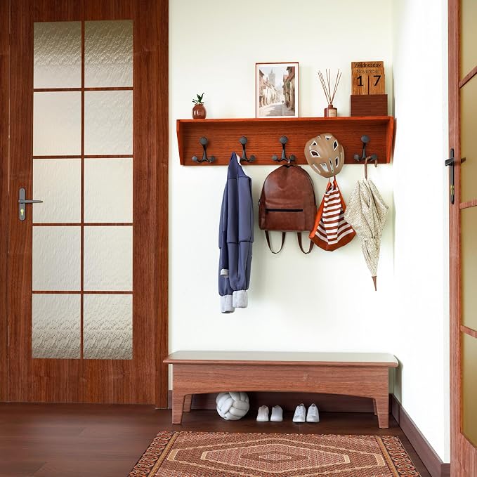 SKOLOO Wall Shelf with Hooks, 35-Inch Cherry Coat Rack Wall Mount with Shelf - Image 5