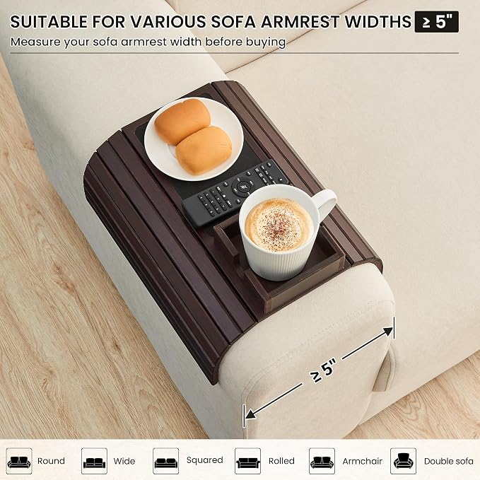Bamboo Couch Cup Holder, Foldable Sofa Arm Tray, Anti-Slip Couch Aremrest Tray - Image 6