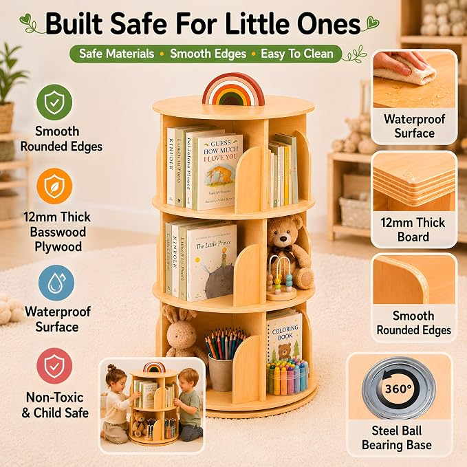 Kids Rotating Bookshelf, 360° Display 3 Tier Bookcase Storage | Small Corner - Image 4