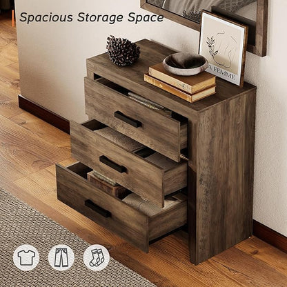 WAMPAT Farmhouse 3 Drawer Nightstand Set of 2, Large Wood Bedside Tables - Image 5