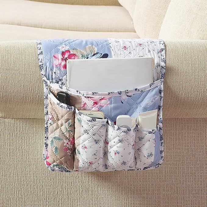 Brilliant Sunshine Pink and Blue Roses Toile Couch Armrest 5 Pockets Organizer by BrilliantSunshine
