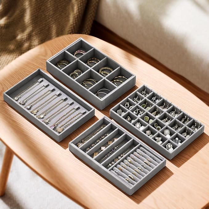 Velvet Jewelry Drawer Organizer Trays – Grey Stackable Jewelry Storage Inserts - Image 3