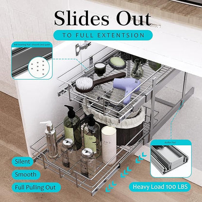 2 Tier Pull Out Cabinet Organizer 15" W X 22" D, Slide Out Drawers - Image 3