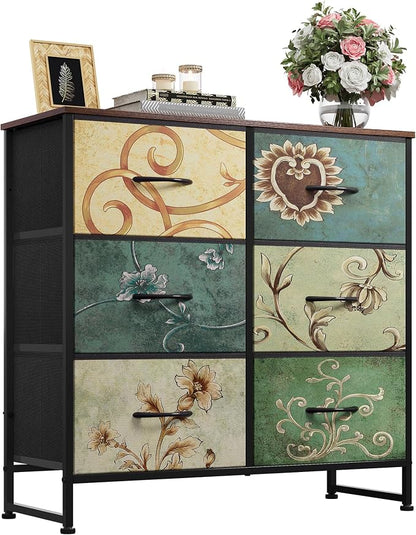 WLIVE Dresser for Bedroom with 6 Drawers, Floral Painted | Closet Dresser by WLIVE